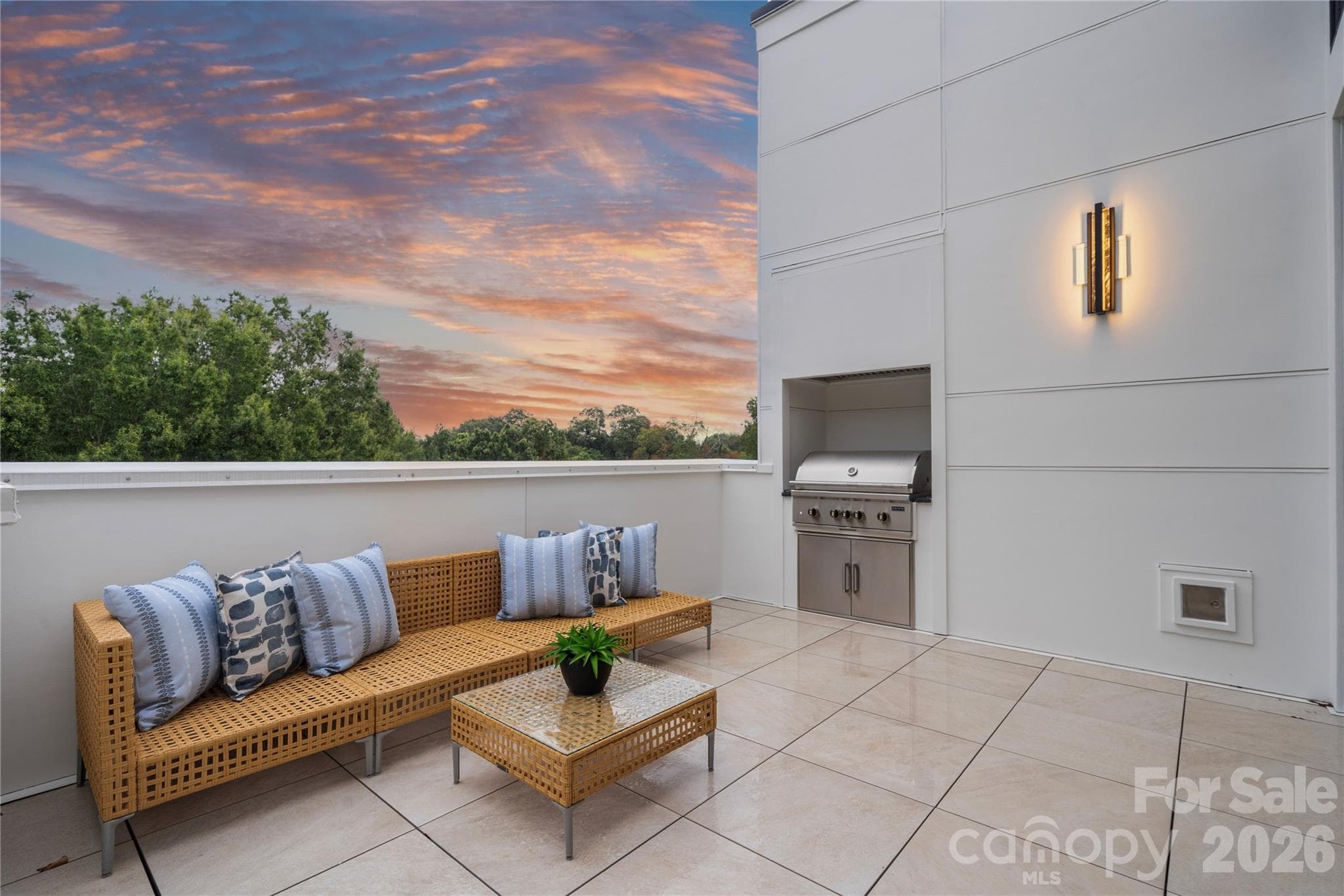 Step through the wall of glass and onto the inviting private terrace. A simply spectacular space for relaxation or entertaining. The built-in grill is perfect for any grill-master, and the tile floored terrace and tree-top views lend a distinctive 'top of the world' setting for all your outdoor activites. - 409 Queens Road, Charlotte