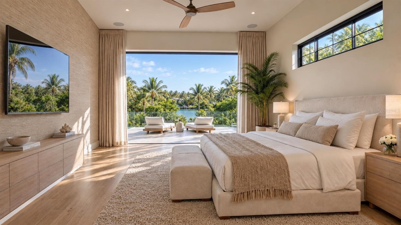 Primary bedroom, with canal view. Virtually staged. - 3441 GULFMEAD DR, SARASOTA