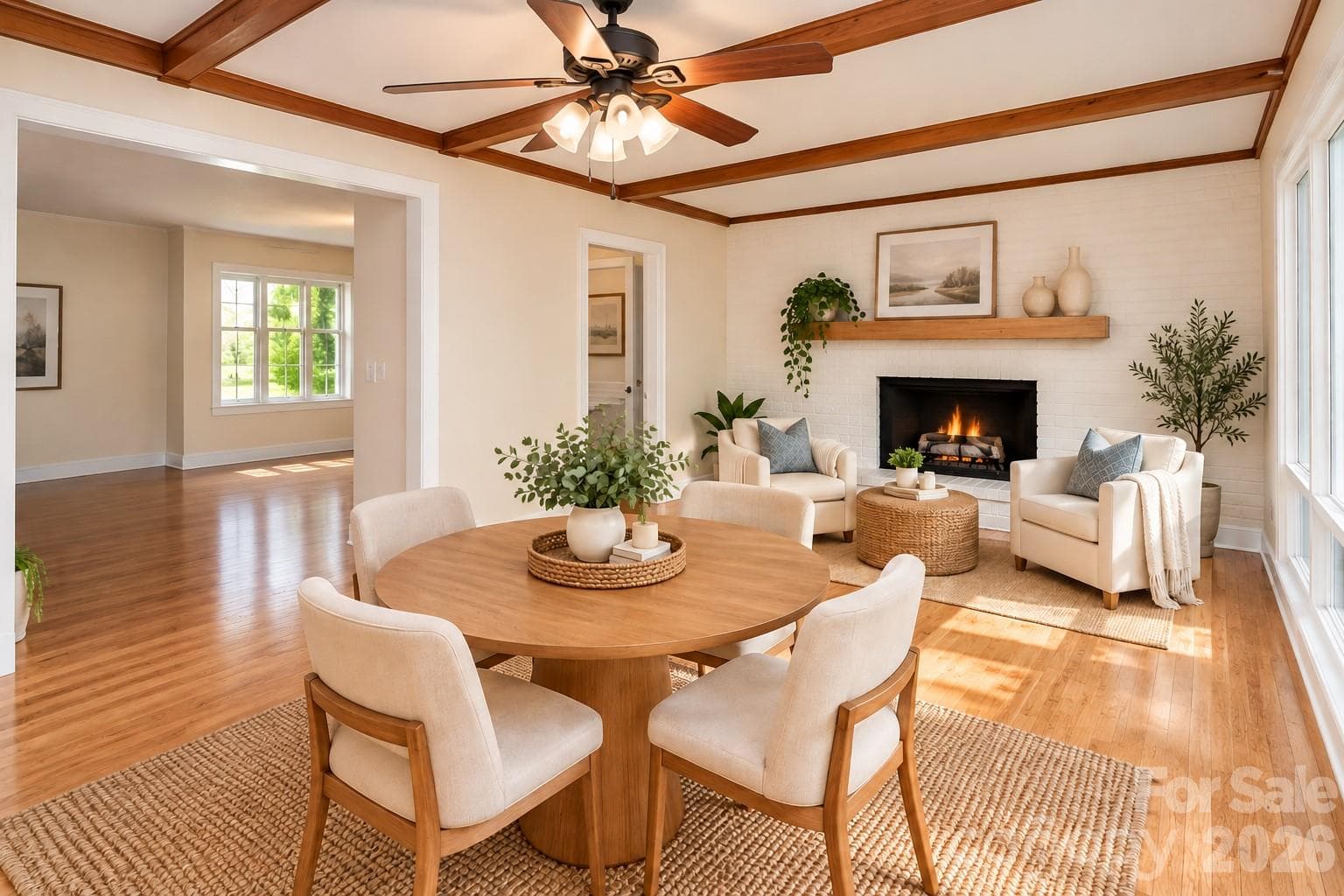 Ceiling has beautiful wood beams and updated mantle - 7400 Oakwood Lane, Charlotte