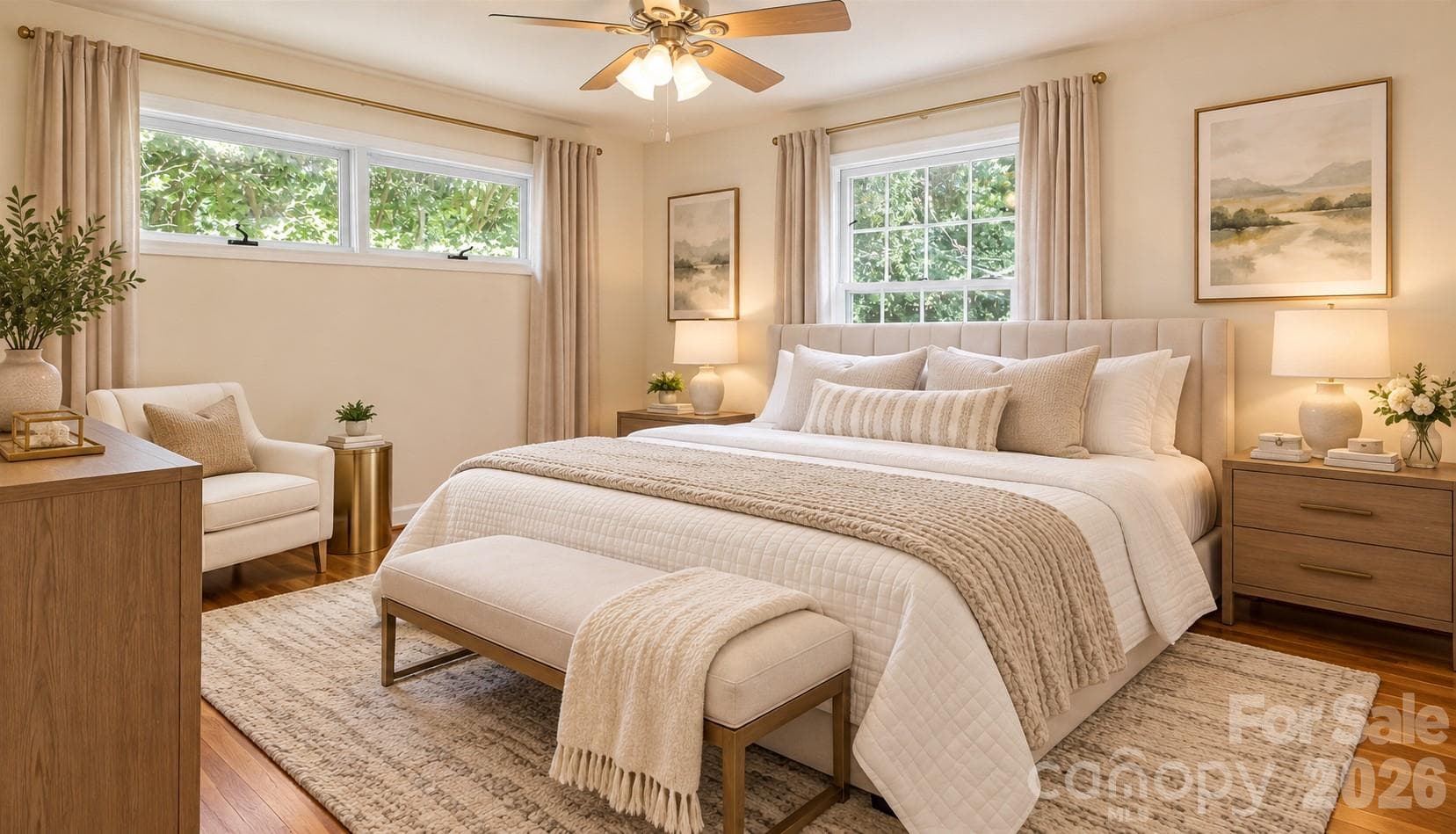 Spacious primary bedroom has been decorated by AI to give you an idea of furniture placement.  Windows provide lots of natural light.  Hardwood floors throughout. - 7400 Oakwood Lane, Charlotte