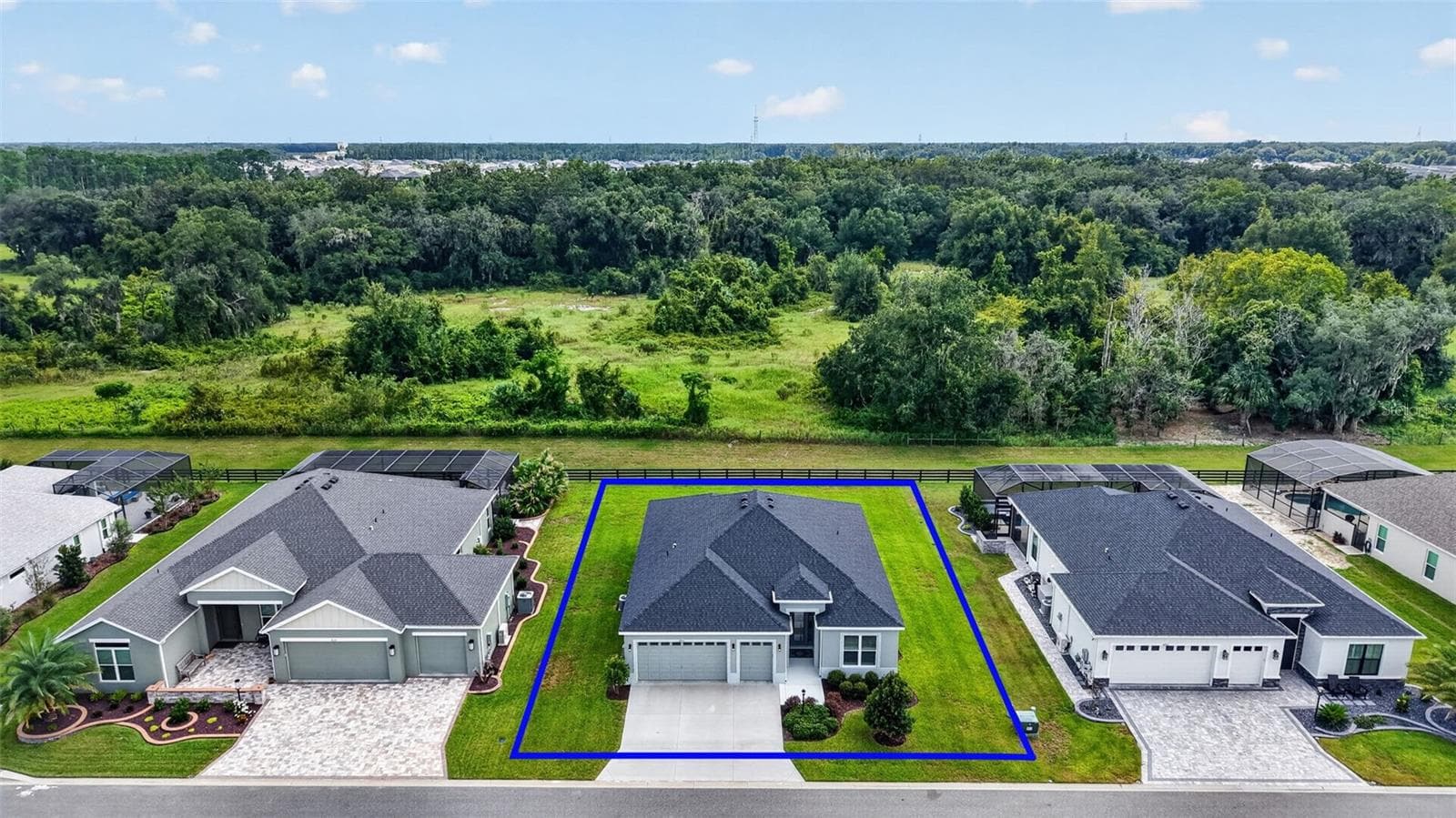 Aerial Front Elevation with Property Lines and PRIVATE Rear Yard - 654 SHIVERS LOOP, THE VILLAGES