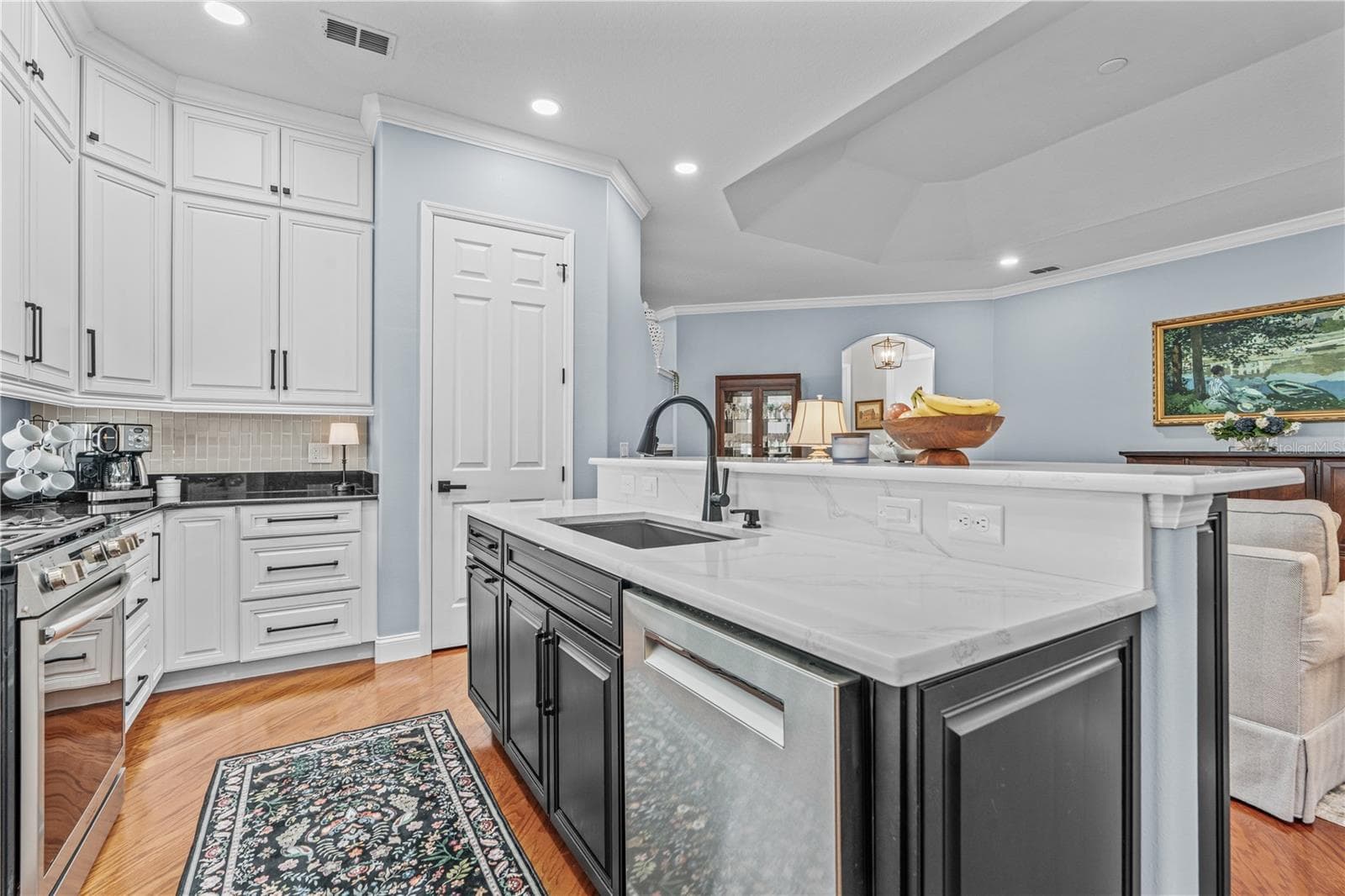 Quartz counters on the island surround a large, single bowl stainless steel sink; The door adjacent to the island is the closet pantry - 520 SOTHEBY WAY, DEBARY