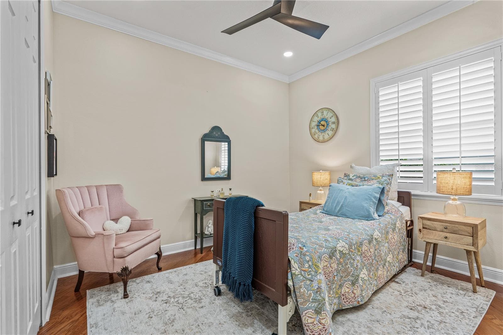 Bedroom 3 with hardwood floors, updated ceiling fan and extra can lights installed in the ceiling - 520 SOTHEBY WAY, DEBARY