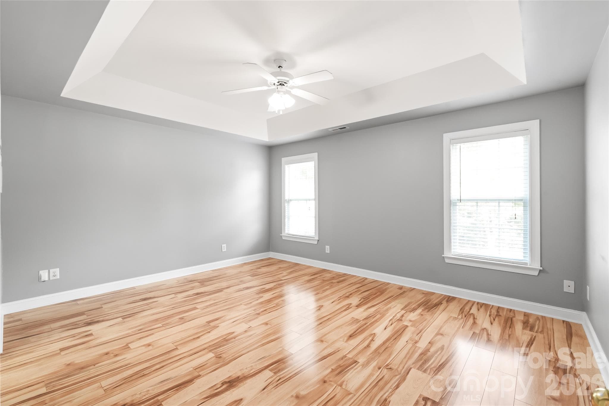 A clean slate full of potential! This spacious main-level primary bedroom features dramatic trey ceilings and durable LVP flooring. - 2008 Trace Creek Drive, Waxhaw