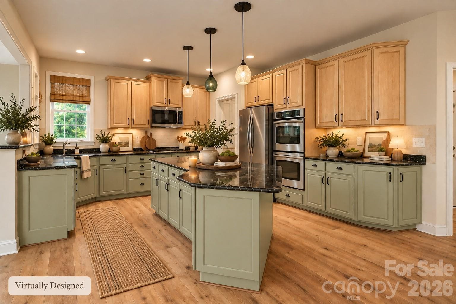 Virtually Staged Kitchen with subtle green cabinets. - 6213 Savannah Grace Lane, Huntersville