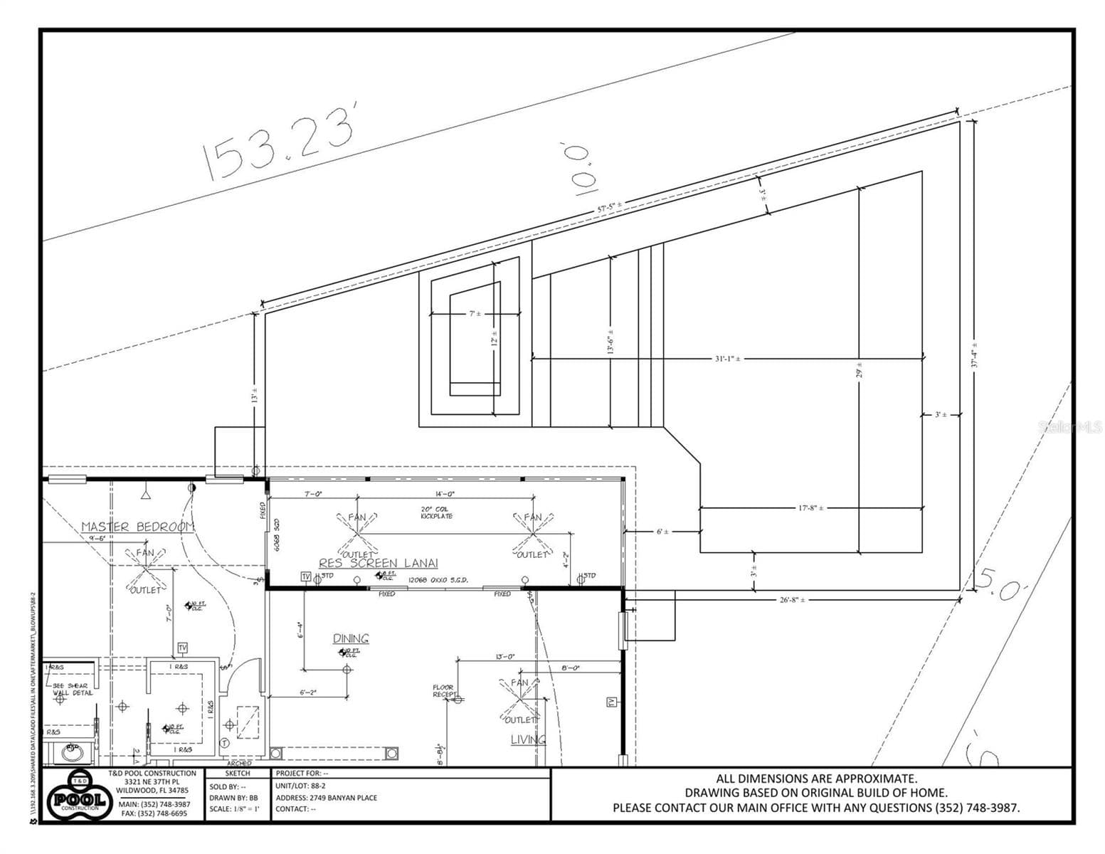 Pool Concept Plan: Pool construction sketch for 2749 Banyan Place illustrates a proposed pool and deck configuration behind the home; dimensions are noted as approximate and based on the original build. - 2749 BANYAN PL, THE VILLAGES
