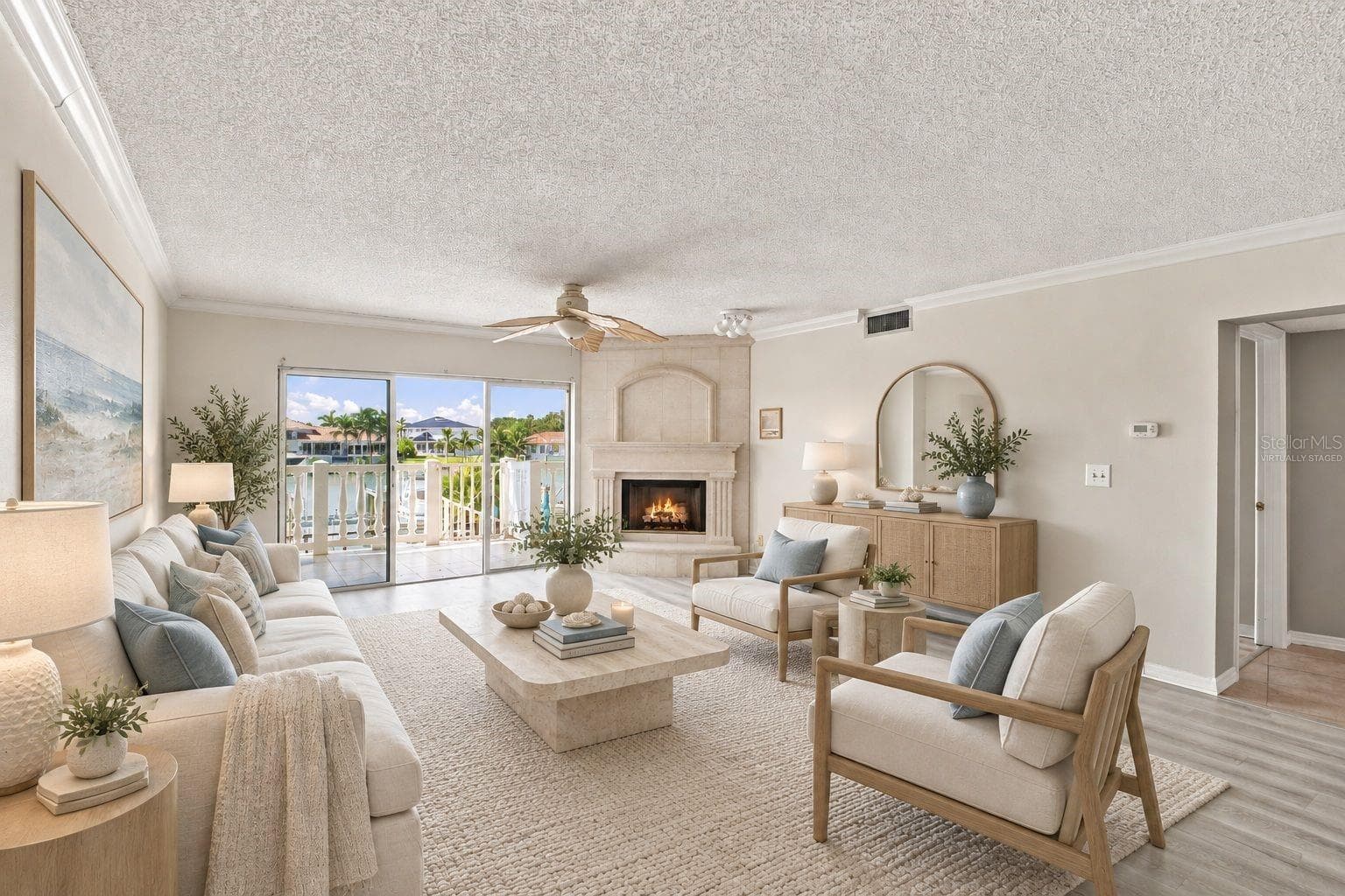 virtually staged living room - 544 PINELLAS BAYWAY S #F8, TIERRA VERDE