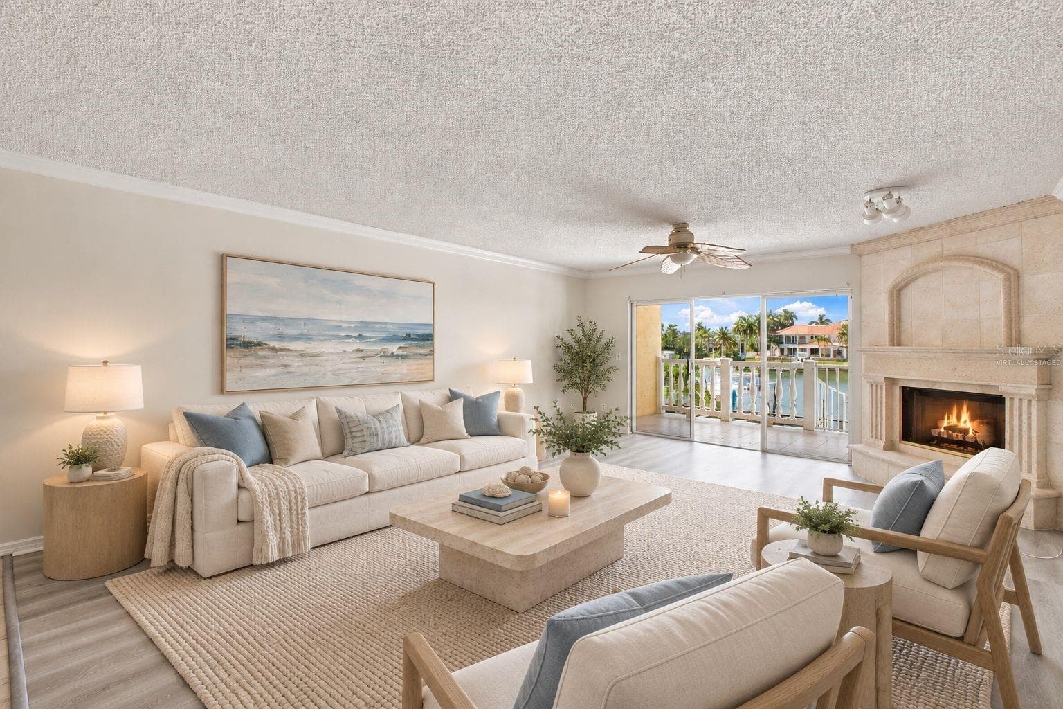 virtually staged living room - 544 PINELLAS BAYWAY S #F8, TIERRA VERDE