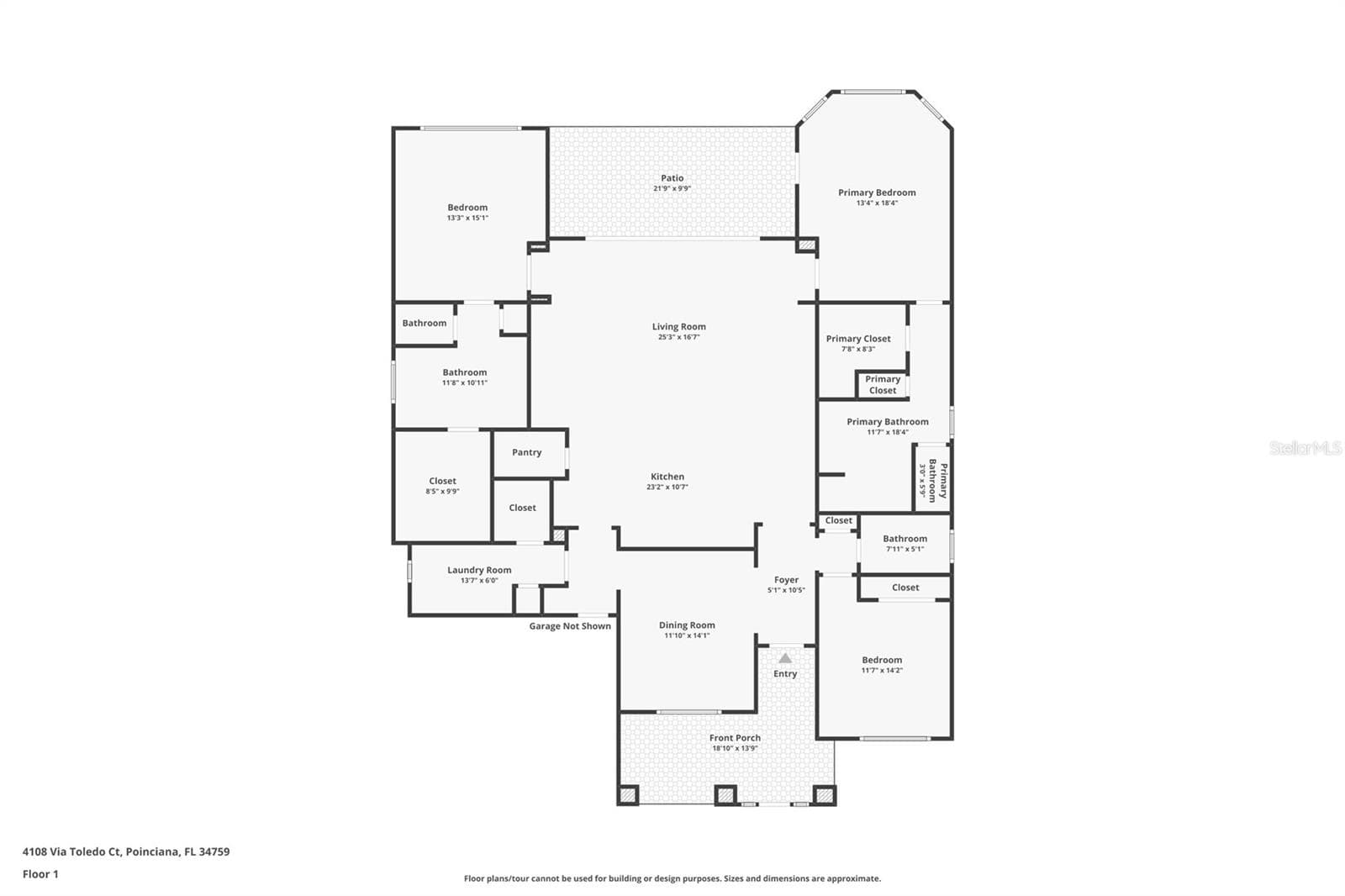 Floor plan of 4108 Via Toledo Ct, Solivita, Poinciana, FL 34759, featuring two primary bedrooms and three baths. - 4108 VIA TOLEDO CT, POINCIANA