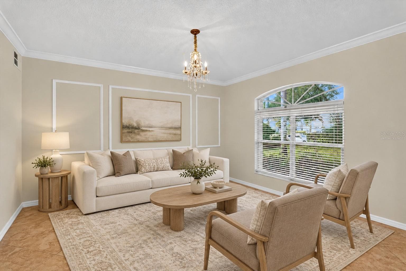 Virtually staged: Sitting room with decorative wall molding and an arched window. - 2109 WEMBLEY PL, OVIEDO