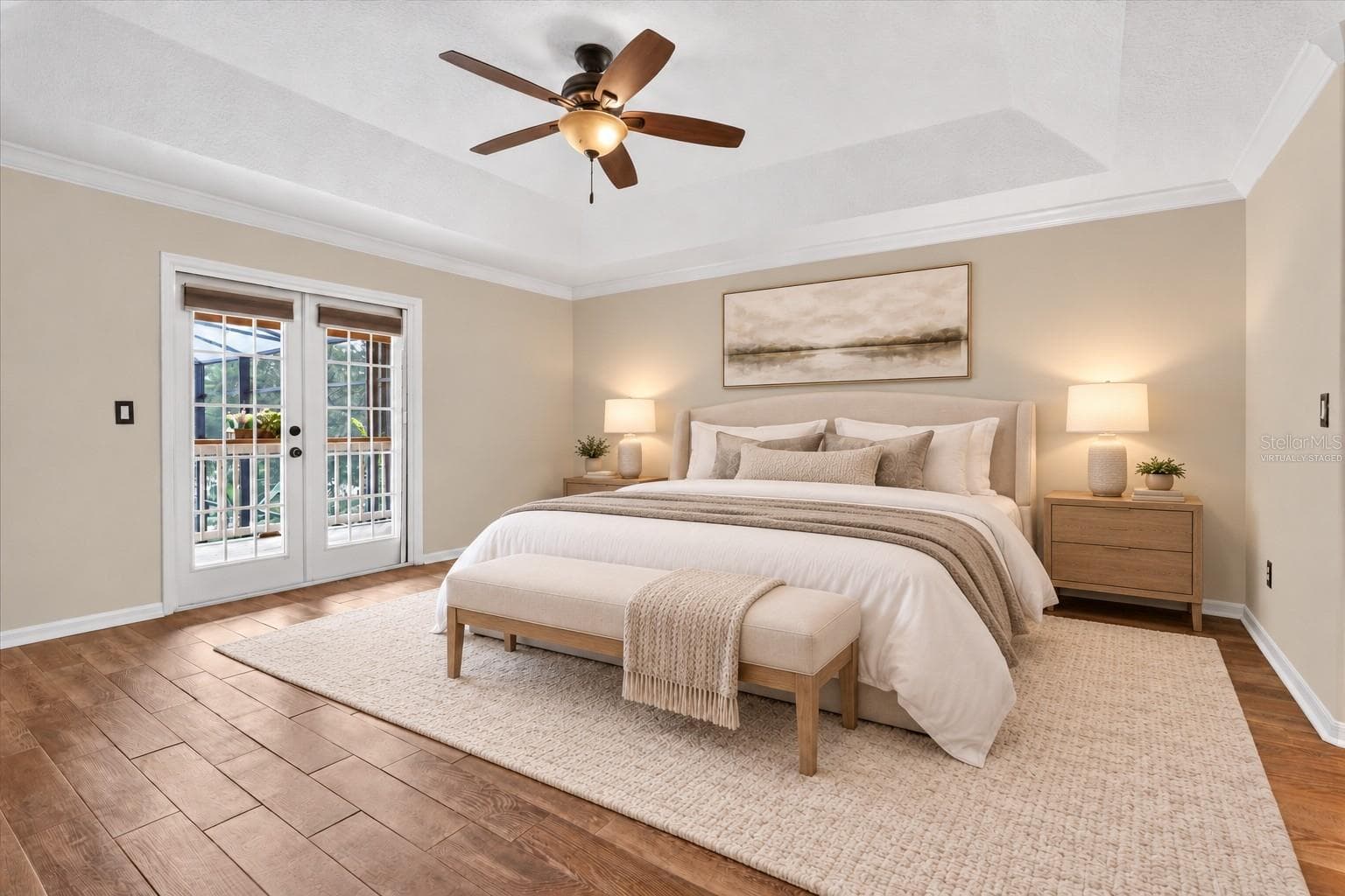 Virtually staged: Alternate primary-bedroom view toward the French doors. - 2109 WEMBLEY PL, OVIEDO