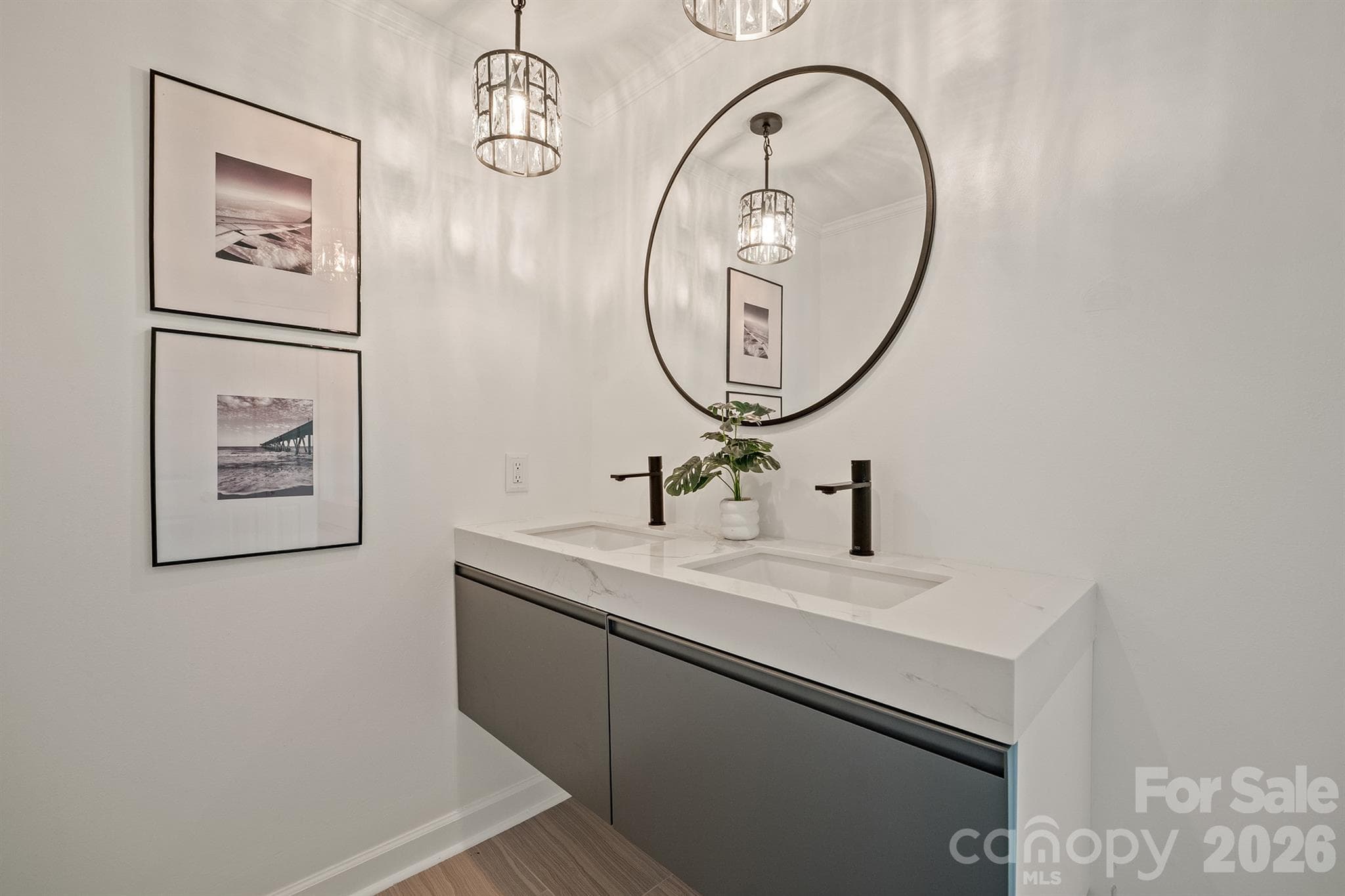 Lovely dual vanity for the front section of this basement bath - 20919 Island Forest Drive, Cornelius