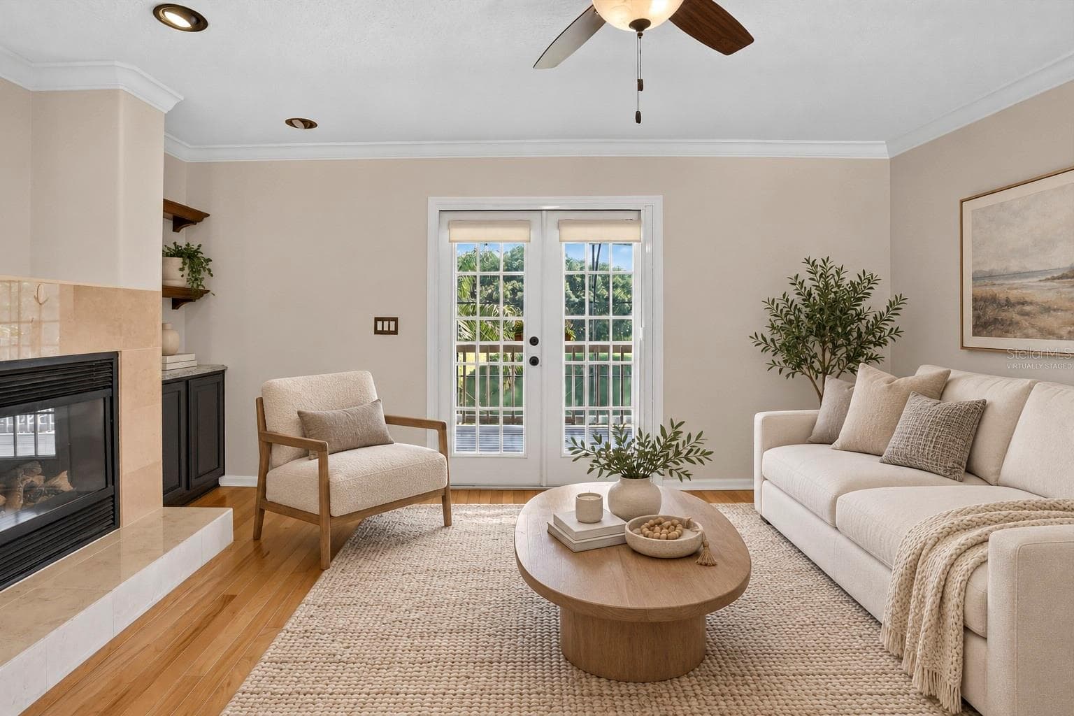 Virtually staged: Loft with a fireplace and built-in shelving. - 2109 WEMBLEY PL, OVIEDO