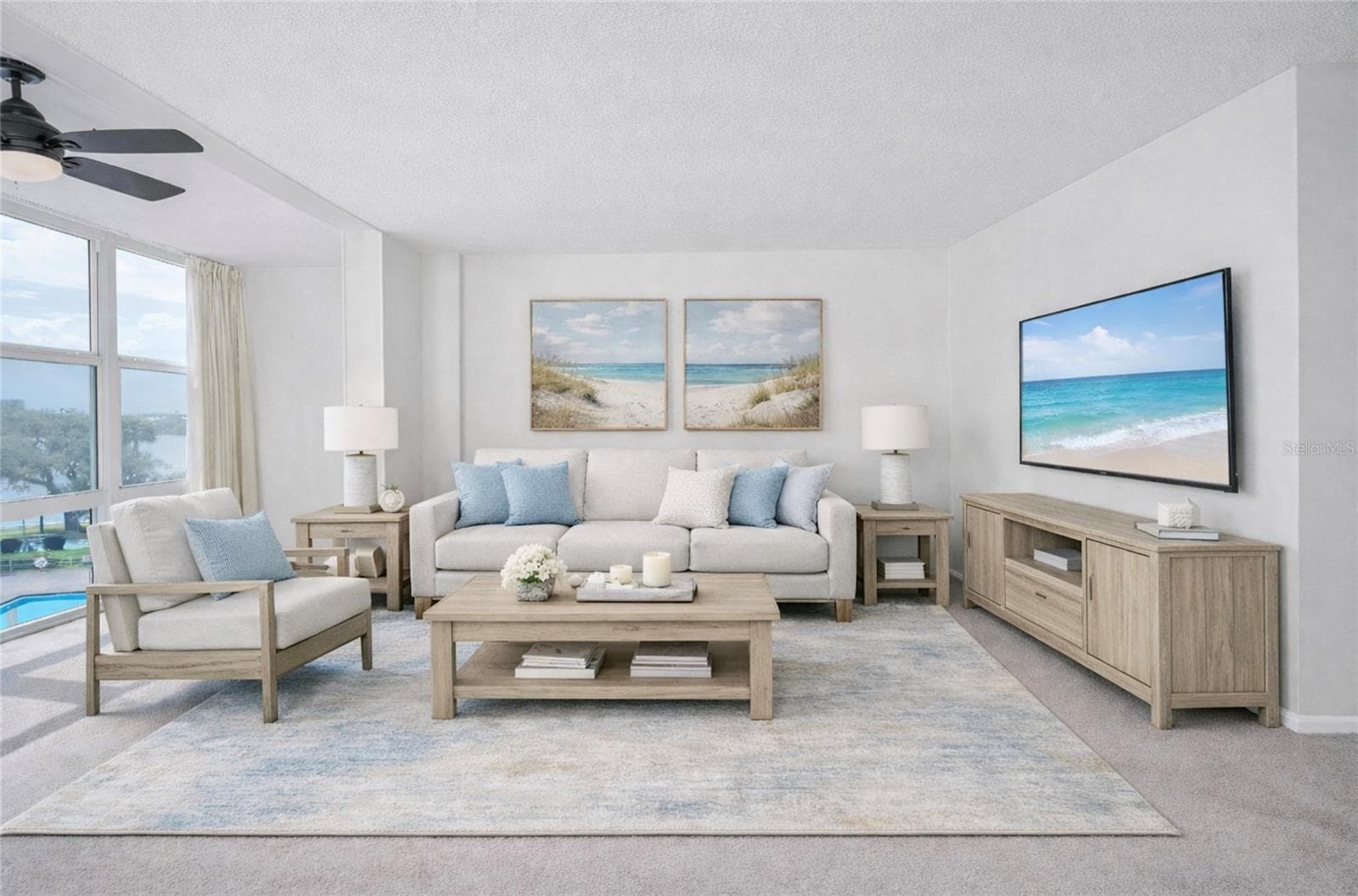 LIVING ROOM. VIRTUAL STAGING - 1224 S PENINSULA DR #415, DAYTONA BEACH