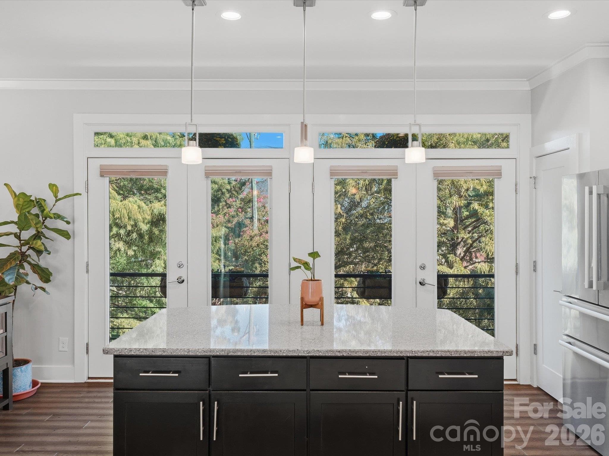Kitchen island overlooking front of house with Juliet-style terrace - 1806 Sunnyside Avenue, Charlotte
