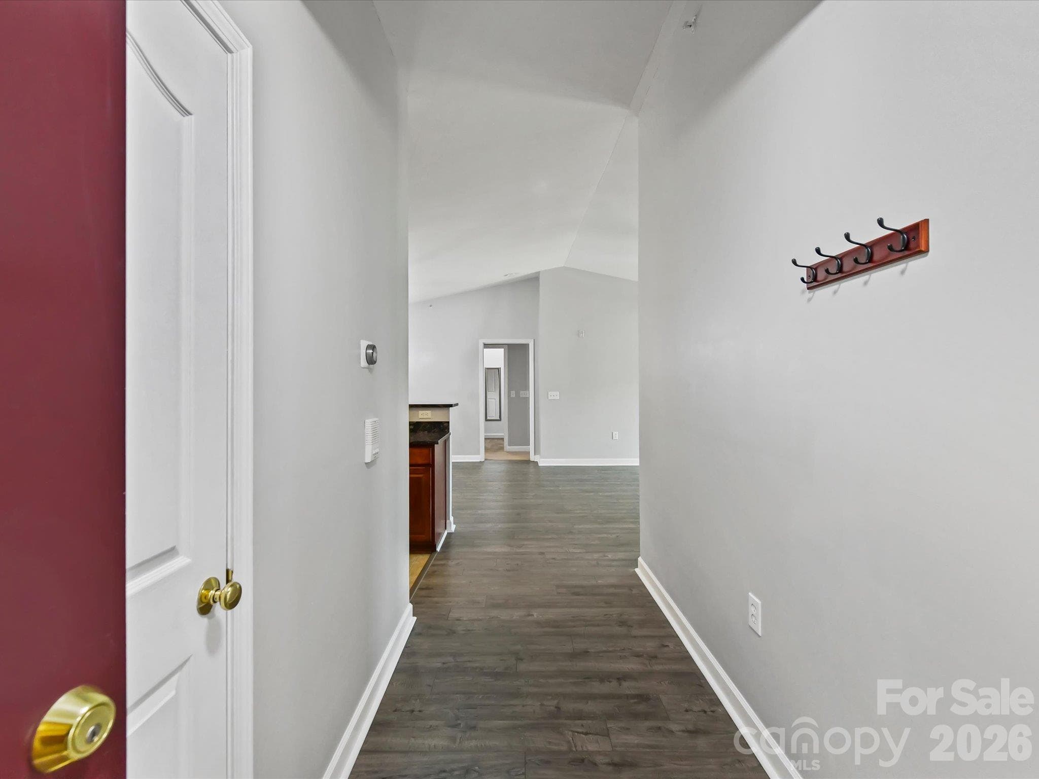 Welcoming condo entryway featuring LVP flooring, neutral finishes, convenient wall hooks, and an open sightline into the main living areas. - 9031 Mcdowell Creek Court, Cornelius