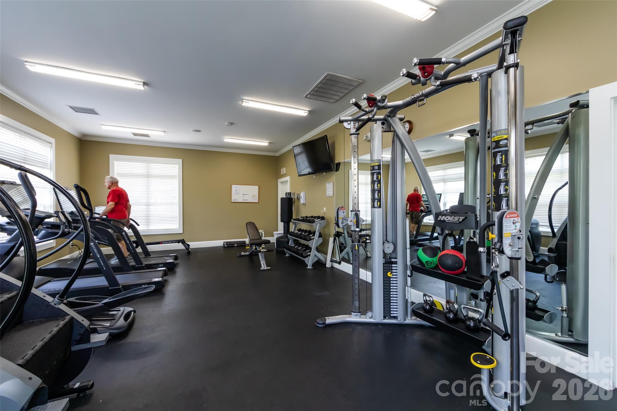 Community fitness center featuring cardio equipment, free weights, and strength-training machines in a bright, well-equipped workout space. - 9031 Mcdowell Creek Court, Cornelius
