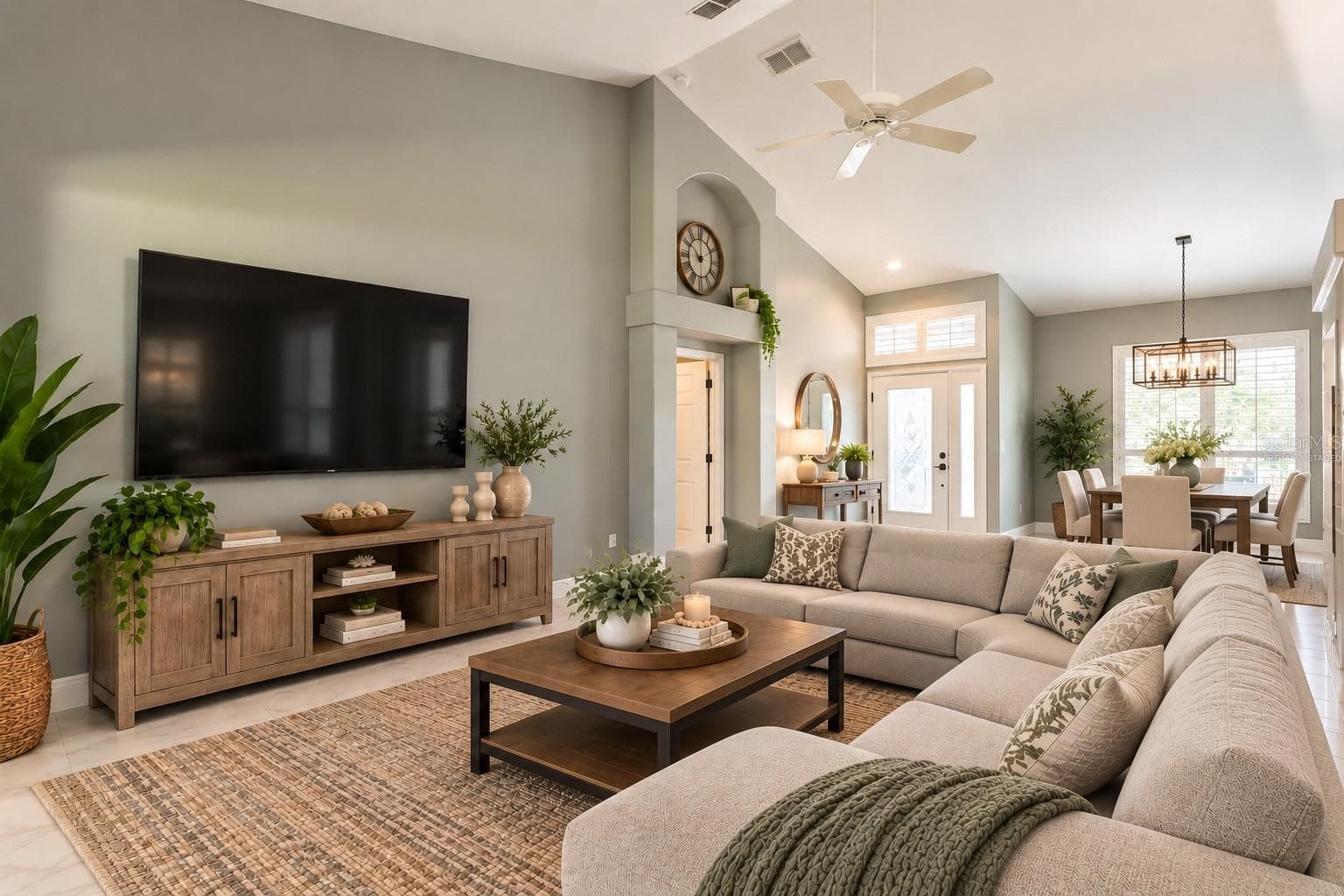 Virtually staged entrance, great room and dining area. - 4465 FAIRWAY OAKS DR, MULBERRY