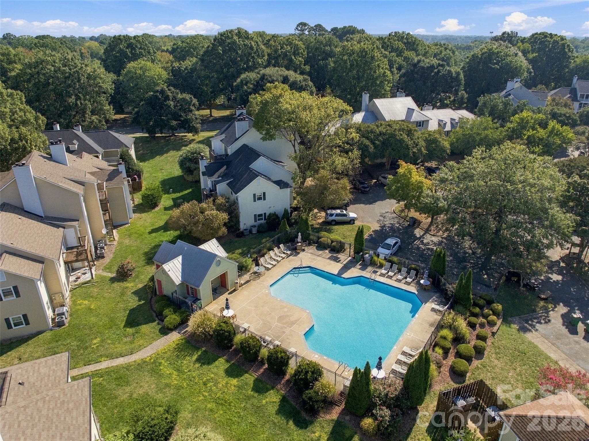 Aerial view of the Hunter’s Run with the community pool just steps from the condo - 762 Marsh Road, Charlotte
