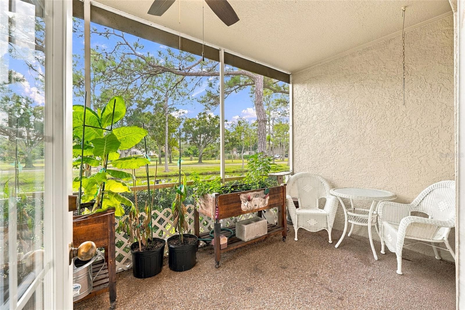 Enclosed lanai overlooking the pond—an inviting space for morning coffee, relaxing, or enjoying the surrounding wildlife. - 629 SEGOVIA CT NE #405, ST PETERSBURG
