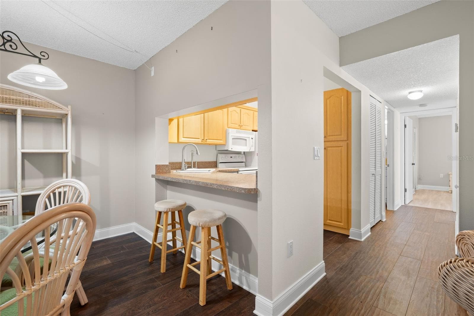 From the dining area, the breakfast bar provides casual seating while the adjoining hallway leads to both bedrooms, baths, and the in-unit laundry. - 3188 LAKE PINE WAY S #F1, TARPON SPRINGS