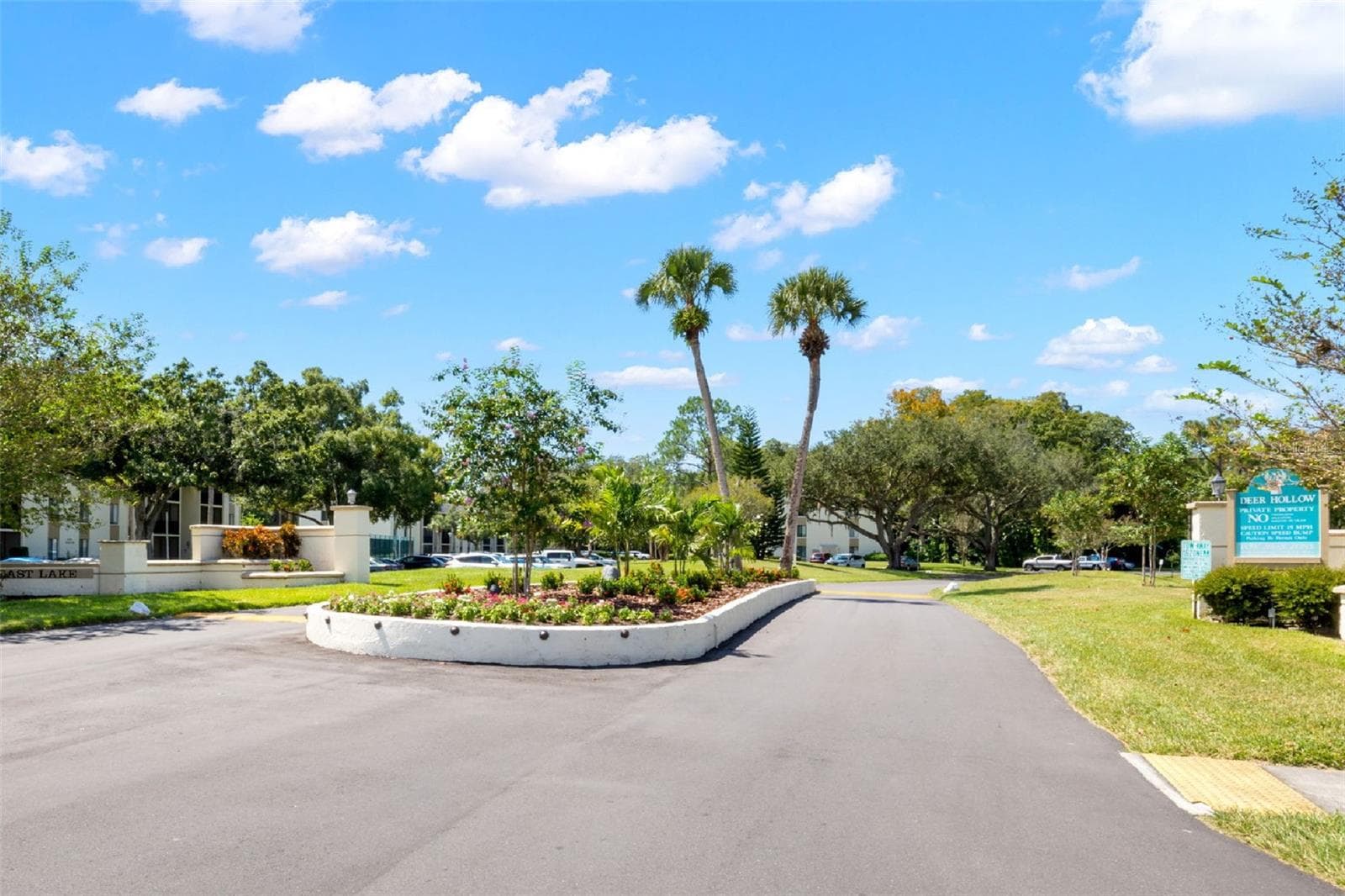 A landscaped entrance with palms, flowering beds, and mature trees sets the tone for the community’s established, well-kept surroundings. - 3188 LAKE PINE WAY S #F1, TARPON SPRINGS