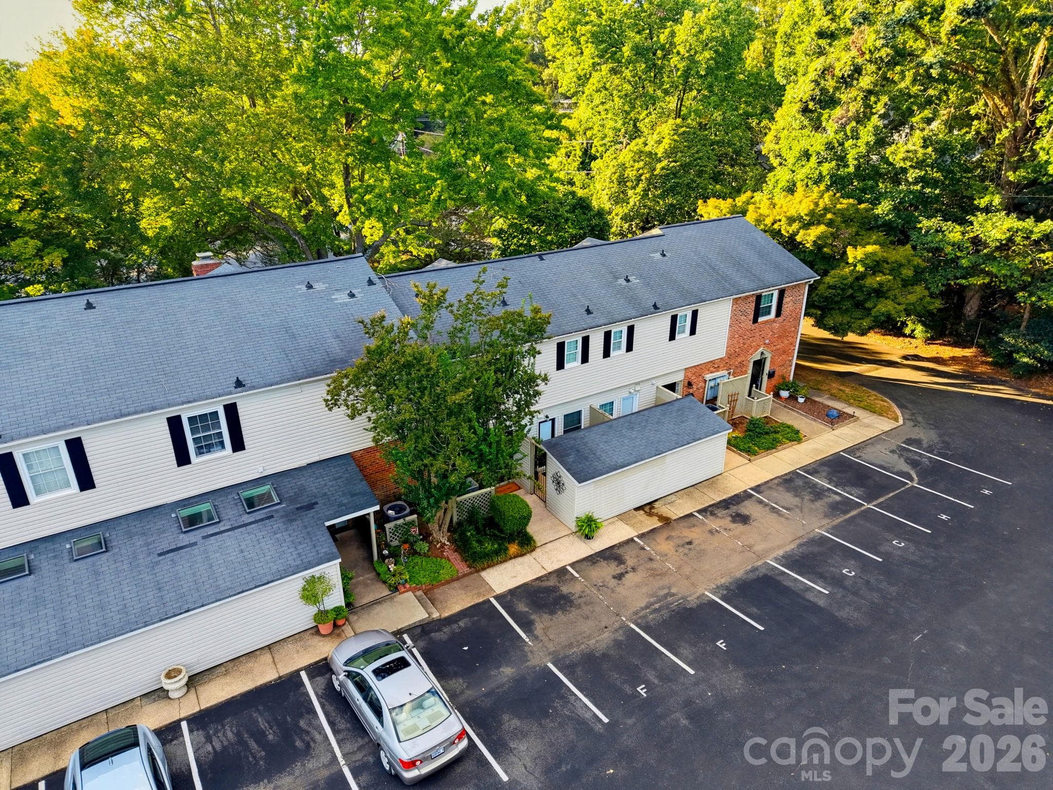 Aerial view showing the home's setting among a mature tree canopy - 5901 Quail Hollow Road, Charlotte