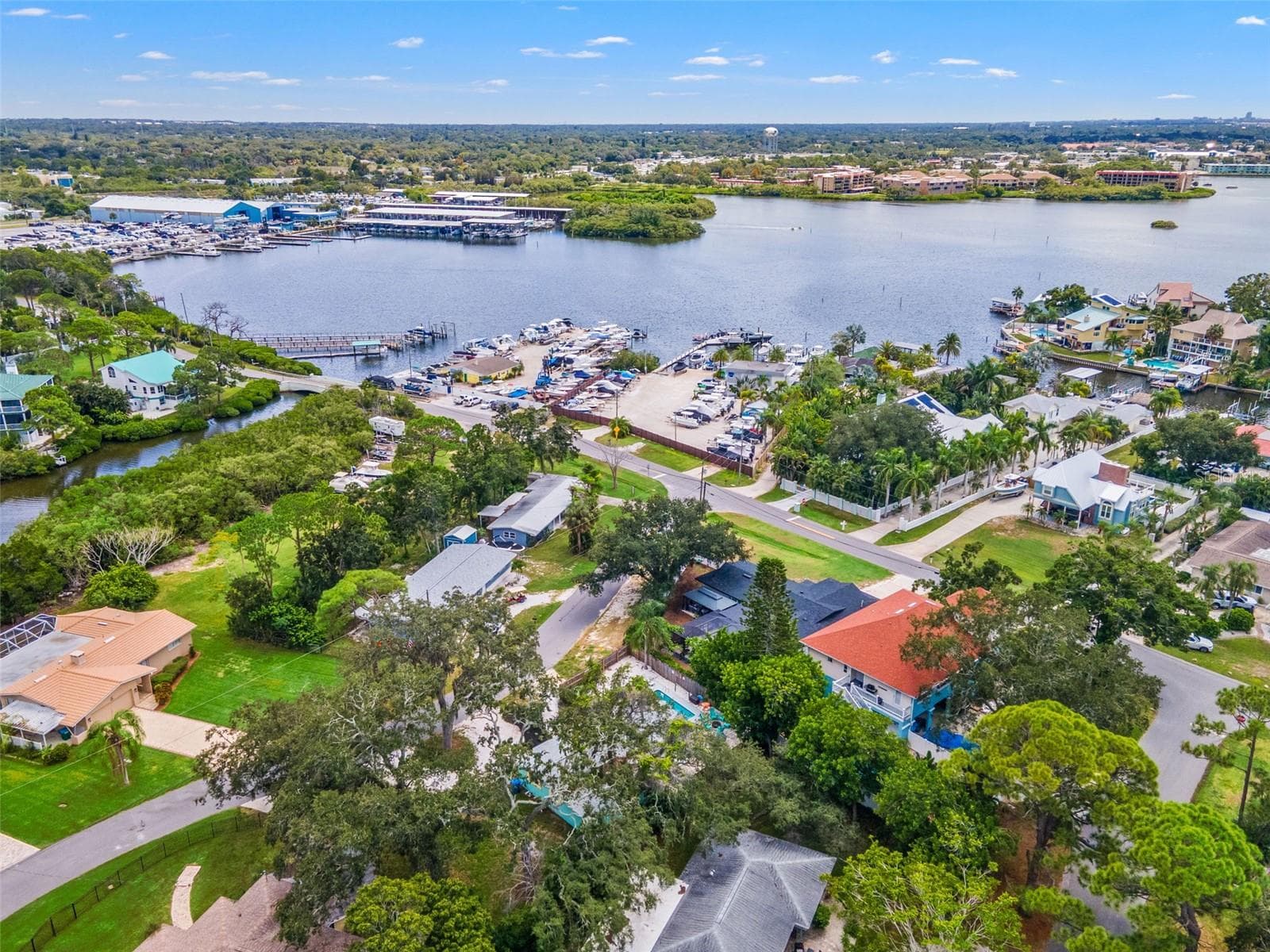 Aerial perspective highlights just how close the home is to local marinas and the waterfront lifestyle Ozona is known for. - 201 SOUTH ST, PALM HARBOR