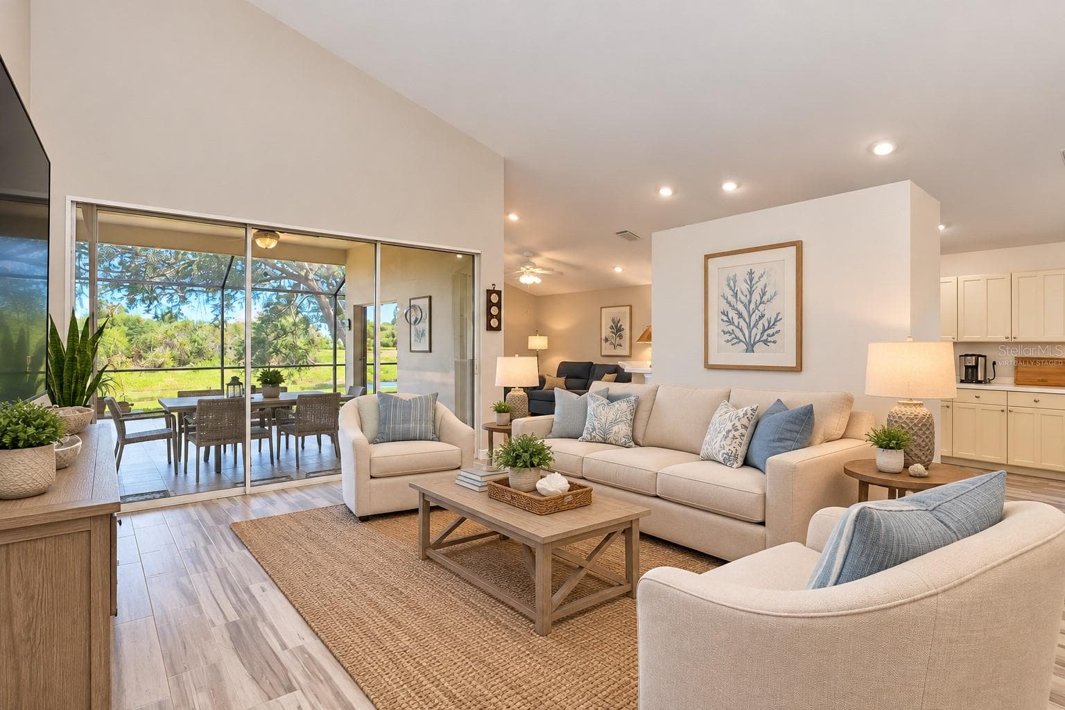 Virtually Staged Living room with vaulted 13' ceiling. - 5113 FLAGSTONE DR, SARASOTA