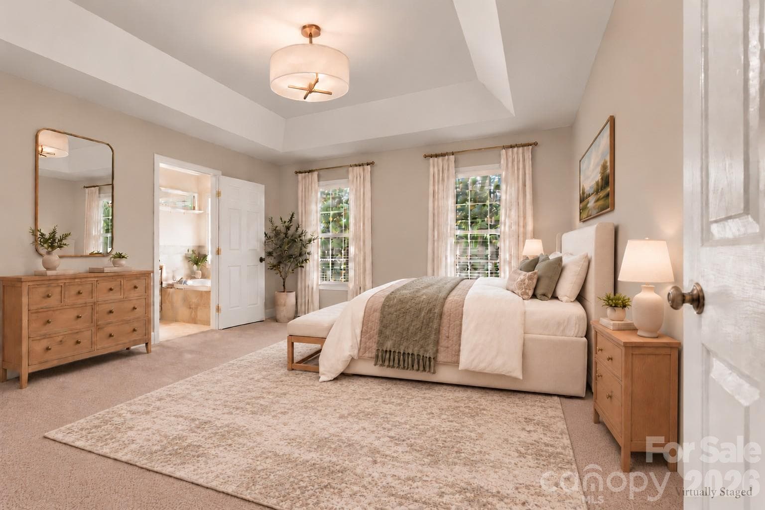 Virtually Staged Primary Bedroom with Greige Walls and New Ceiling Fan - 3656 Woodgreen Drive, Lincolnton