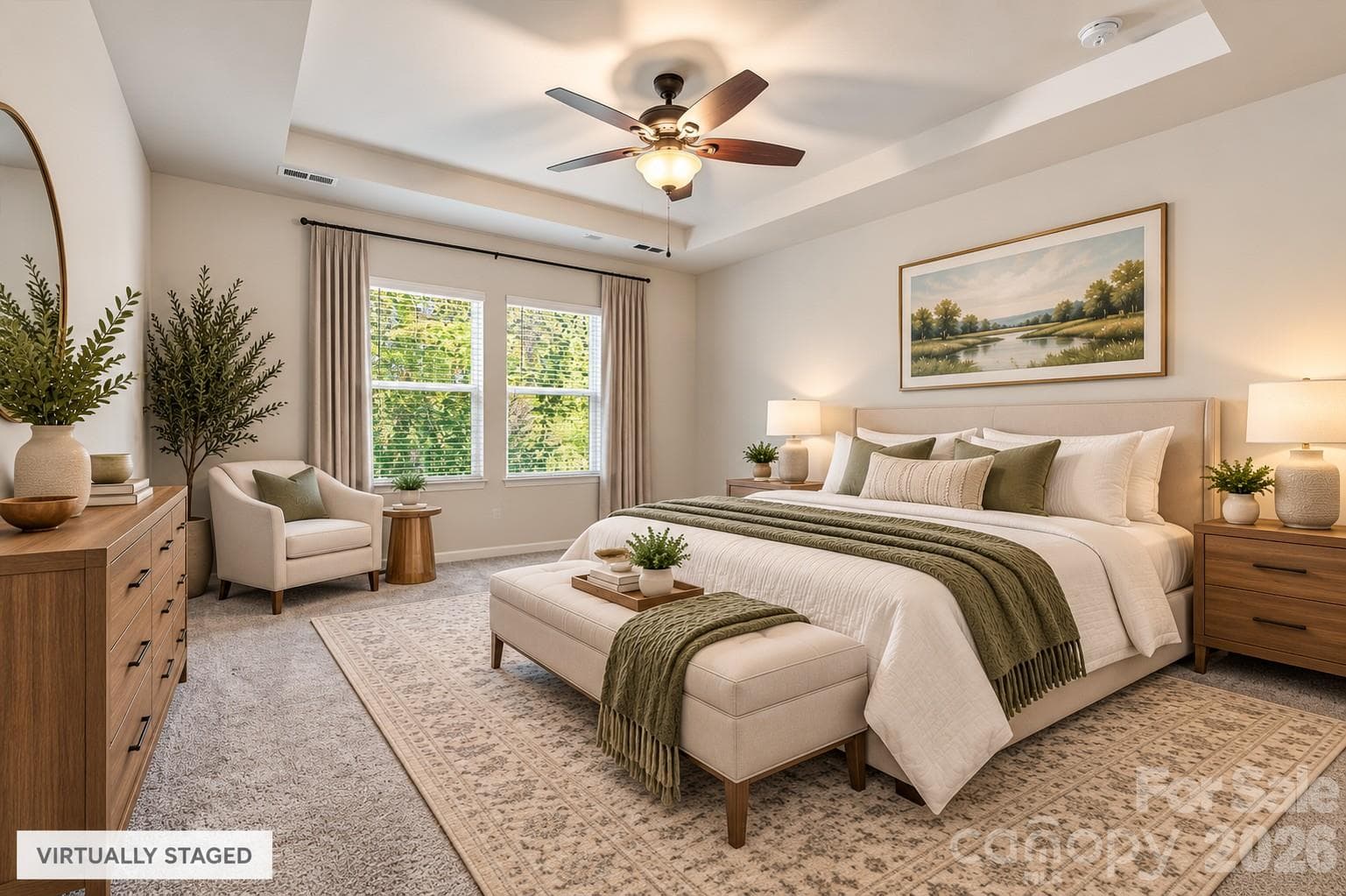 Primary bed virtually staged- tray ceiling, natural light abounds - 151 Bird Dog Drive, Mooresville