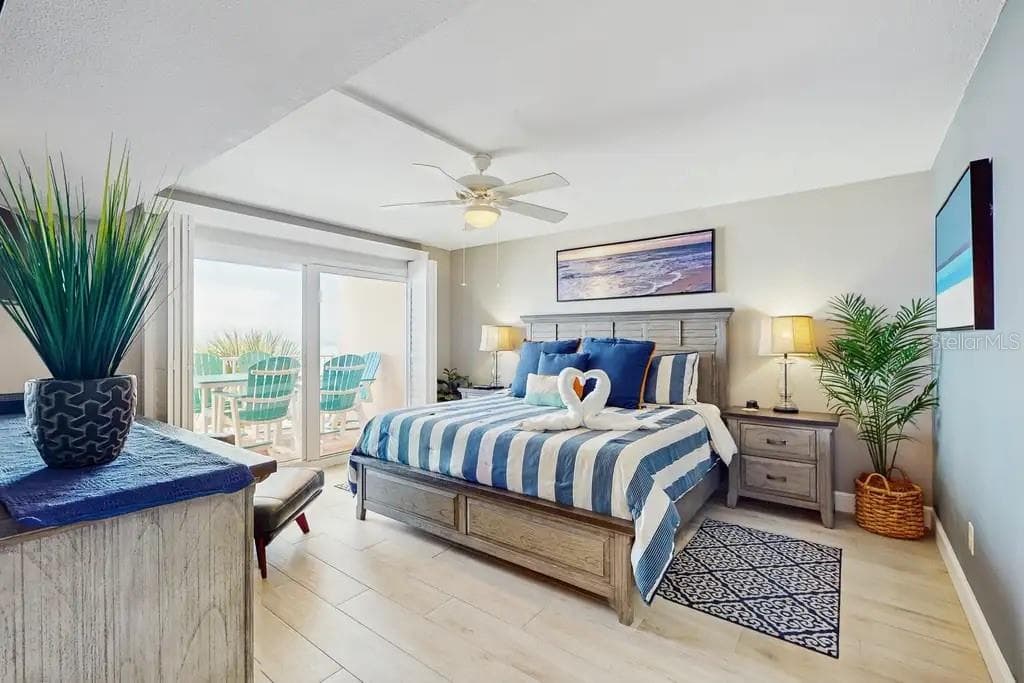 SPACIOUS PRIMARY BEDROOM OFFERS PRIVATE ACCESS TO YOUR BALCONY TO ENJOY THE SOUND OF THE WAVES FROM YOUR KING SIZE BED, ALSO FEATURES PLANTATION SHUTTERS, FLAT SCREEN TV, CEILING FAN AND EN-SUITE BATHROOM. - 18400 GULF BLVD #1208, INDIAN SHORES