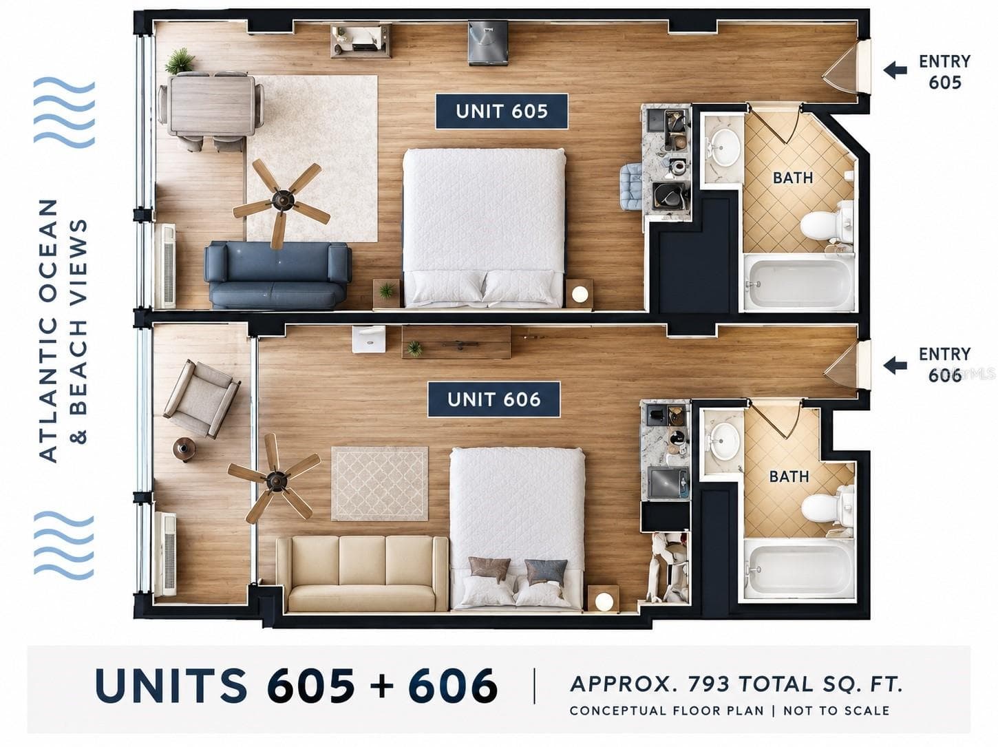 Color Layout of both Units - 1909 S ATLANTIC AVE #605, DAYTONA BEACH