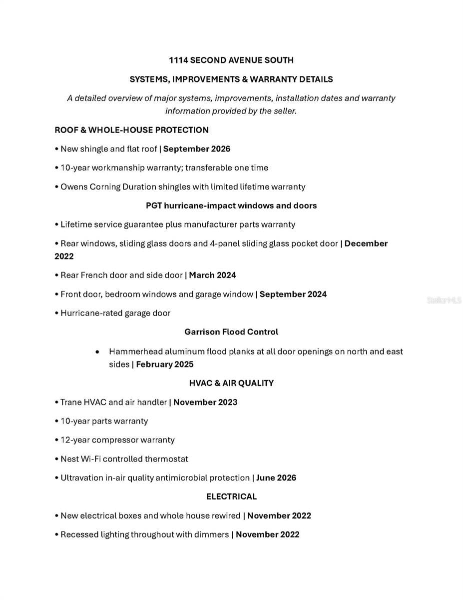 List of Renovations and Warranties. - 1114 2ND AVE S, TIERRA VERDE