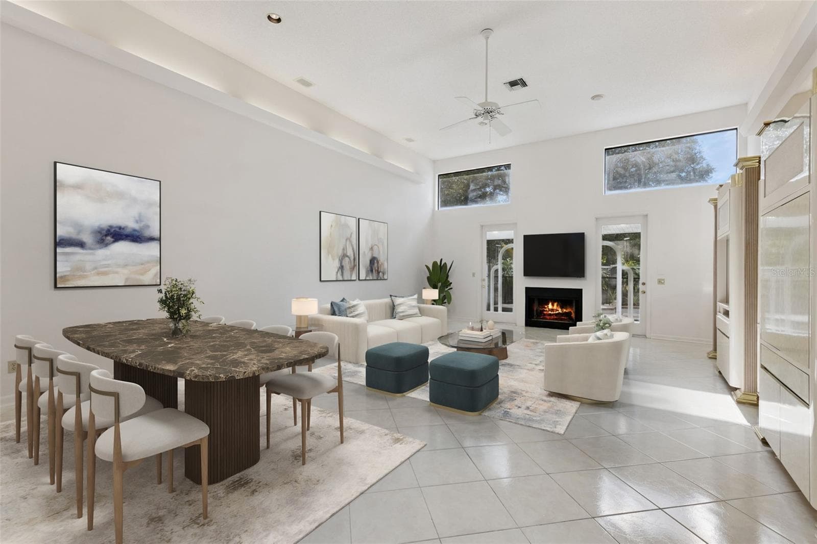 Virtual staged living and dining room - 221 PINE CONE LN, LONGWOOD