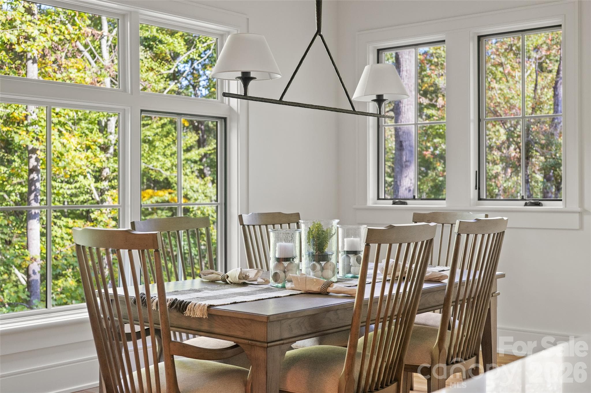 Dining area off of with large windows overlooking trees - 505 Barrington Drive, Asheville