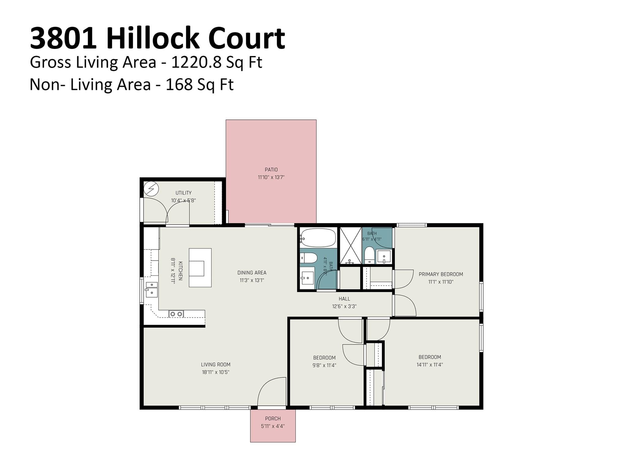Detailed floor plan showcasing the layout of the 3-bedroom, 2-bathroom home with gross living area measurements. - 3801 Hillock Court, Charlotte
