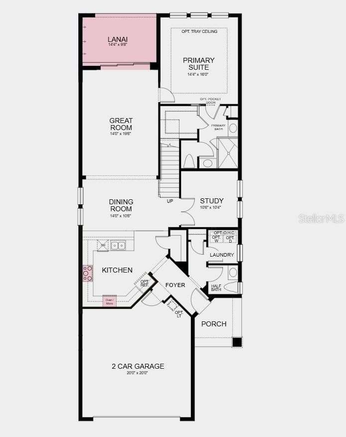 First Floor Plan - Additional Highlights Include: tray ceiling in primary bedroom, shower in bathroom 2, pocket sliding glass door in great room, 8' interior doors, single pocket door in primary bedroom into bathroom, oak stair treads, outdoor kitchen rough-in, pre-plumb for future laundry room sink, and LVP throughout main living area - 13514 ROWHOUSE CT, PARRISH