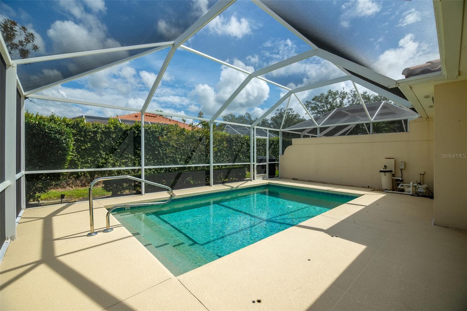 View of pool and pool equipment as well as another screen door at the back of the screen cage. - 8876 ESTEPONA CT, SARASOTA