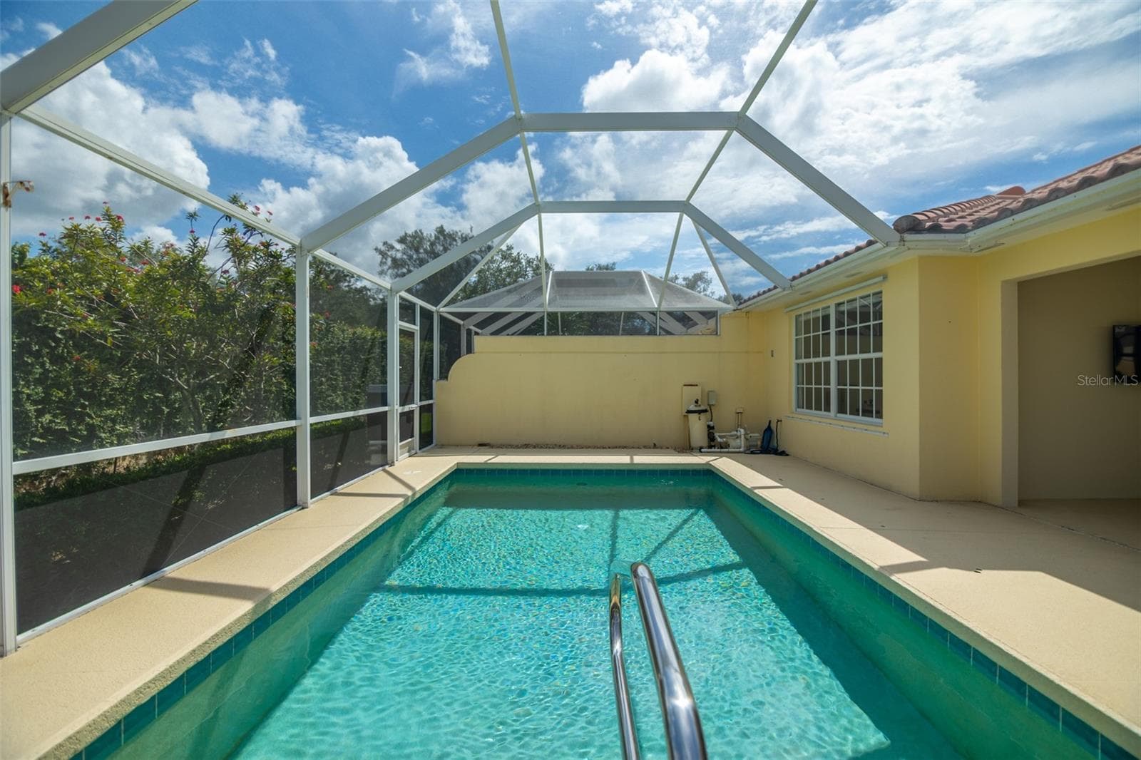 View of pool and pool equipment as well as another screen door at the back of the screen cage. - 8876 ESTEPONA CT, SARASOTA