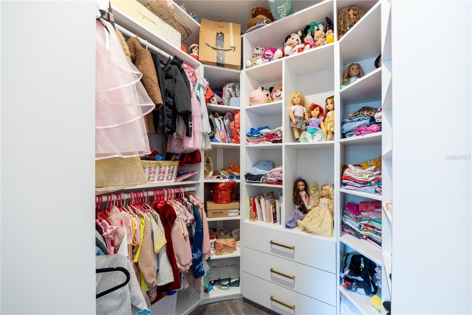 Custom walk-in closet with built-in shelving, drawers, and double hanging rods. - 1316 SOUTHERN SUN DRIVE, OAKLAND