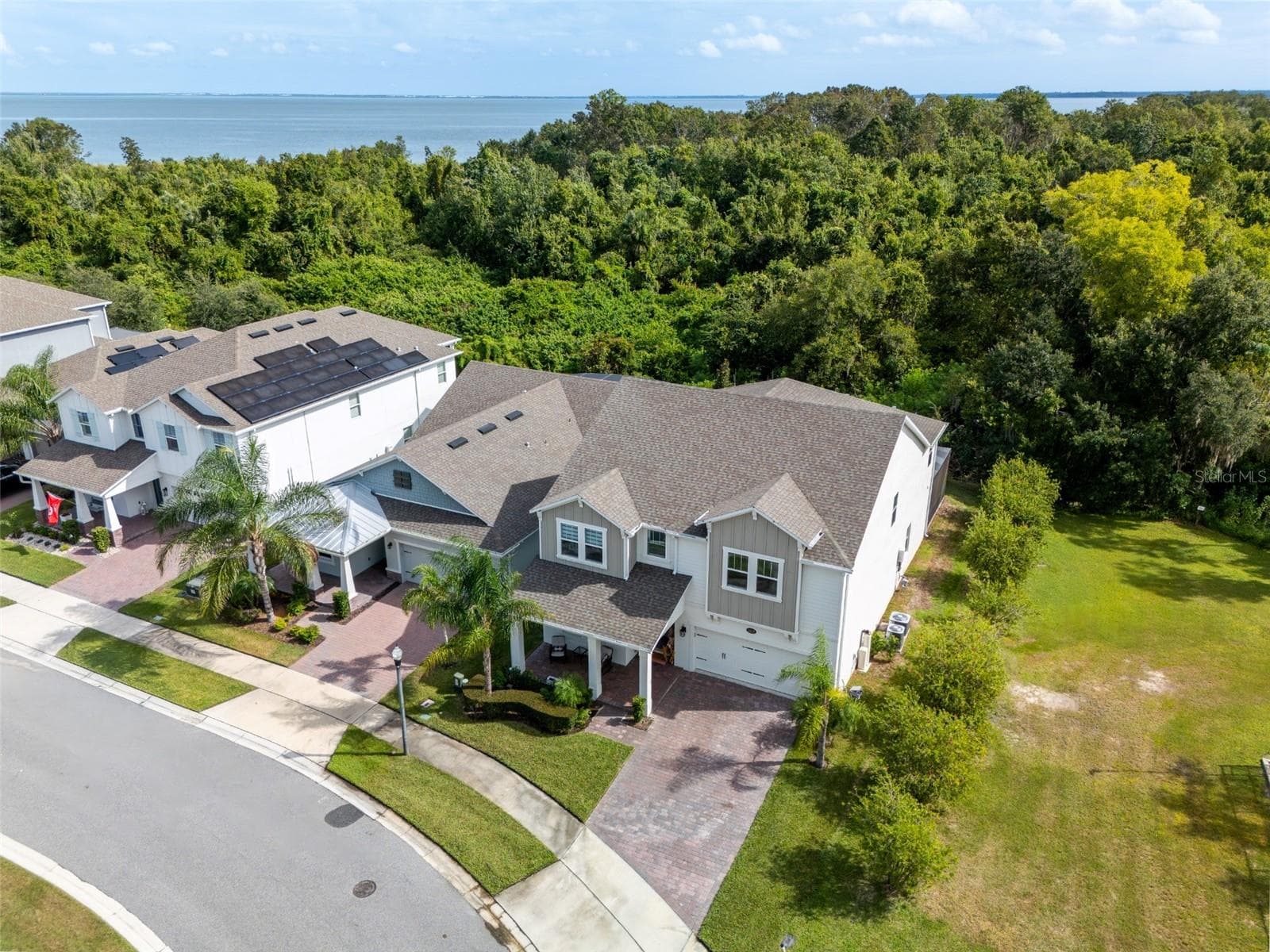 Aerial view showcasing the home’s conservation backdrop, no rear neighbors, and the lake beyond. - 1316 SOUTHERN SUN DRIVE, OAKLAND