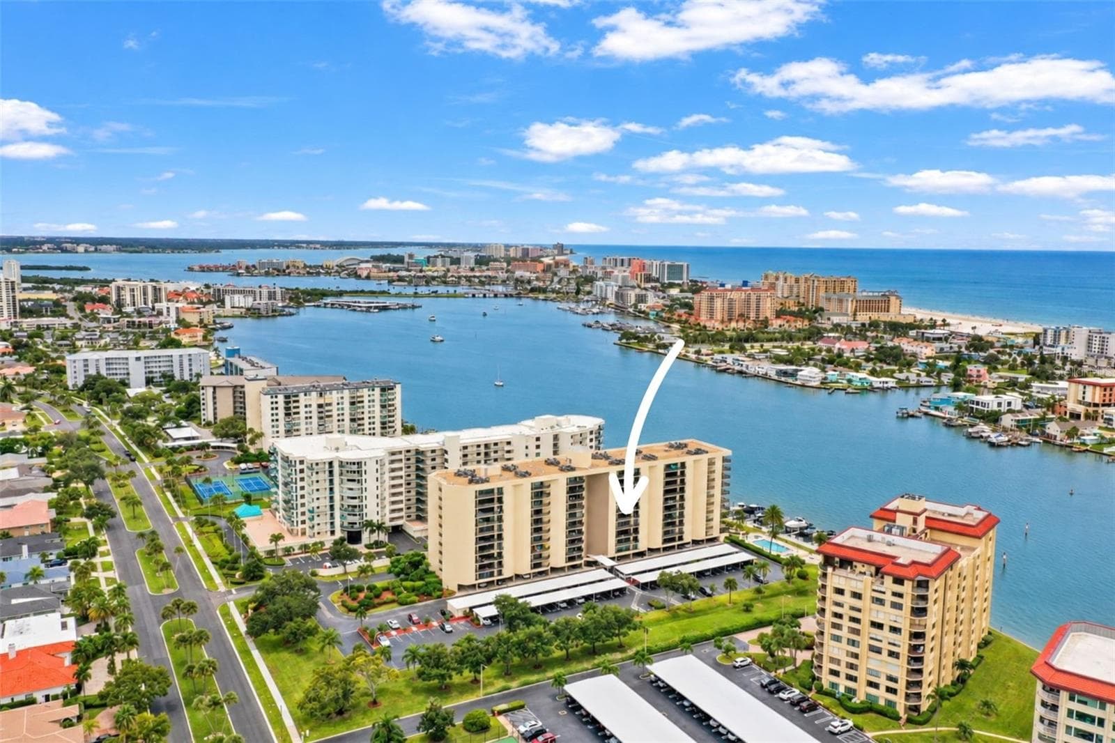 Overhead drone shot of this spectacular Clearwater, FL location - 690 ISLAND WAY #606, CLEARWATER