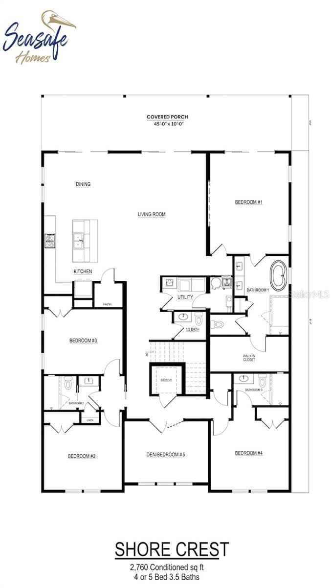 Floor plan of the main living floor of a SeaSafe home you can build on this lot (other models and floor plans available). - 4 BELLEVUE DR, TREASURE ISLAND