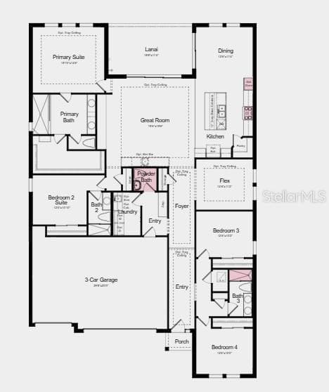 Floor Plan - Additional Highlights Include: tray ceiling package, shower in bathroom 3, powder room, 8' interior doors, outdoor kitchen rough-in, pre-plumb for laundry room sink - 7334 JETTY CT, PALMETTO