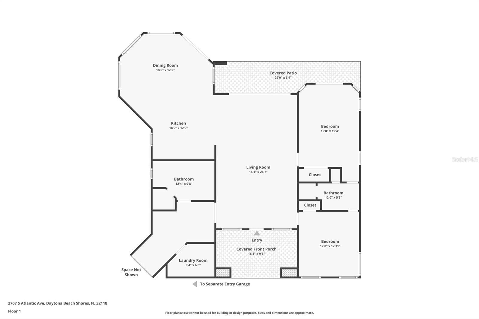 Master bedroom is the area not labeled front left of this image and measures 26x12. - 2707 S ATLANTIC AVE, DAYTONA BEACH SHORES