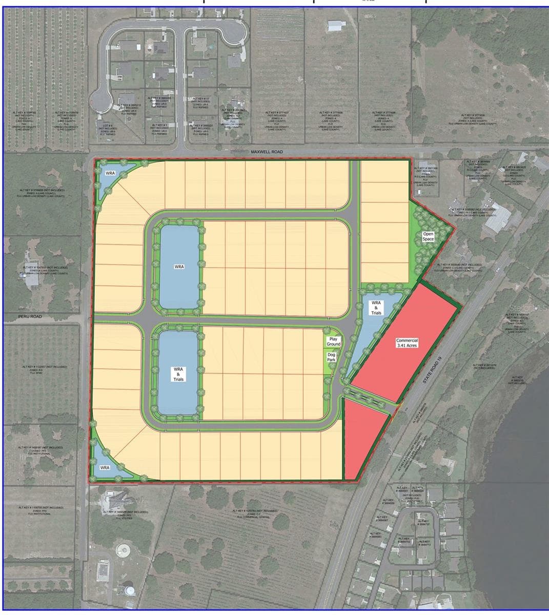Concept plan: 62 detached homesites, fits approved PUD (LPG, Jul 2023) - STATE ROAD 19, UMATILLA