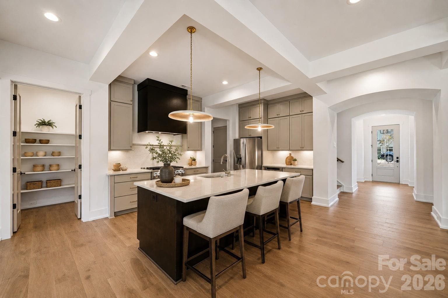 Representative photo- Designer kitchen, linear range hood, quartz countertop and backsplash, LG SKS appliances. - Charlotte