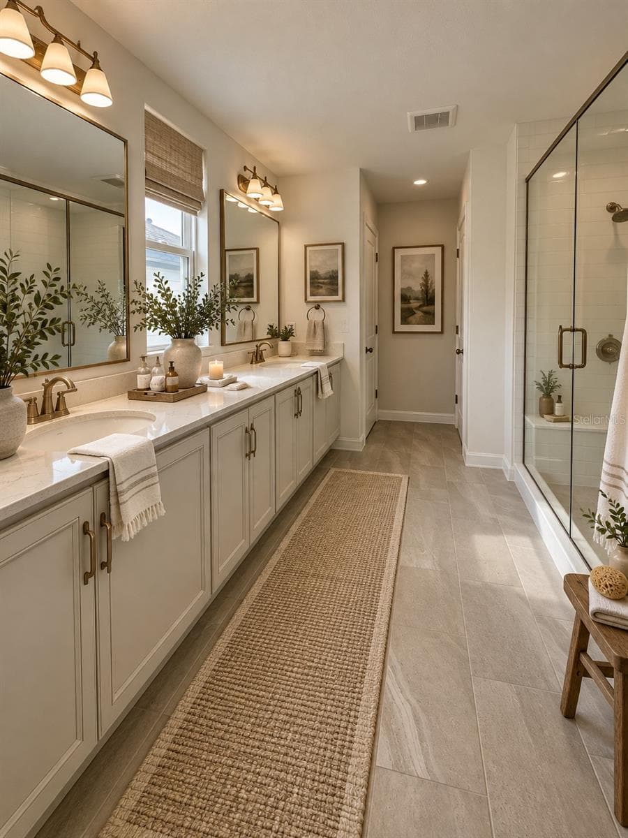 Indulge in the comfort of this spacious, beautifully appointed master bathroom, featuring elegant finishes, an expansive double-sink vanity, generous counter space, and a glass-enclosed walk-in shower. A perfect blend of modern luxury, functionality, and spa-inspired relaxation.AI Virtual Staging. - 5714 CATTLE RANCH DR, ST CLOUD