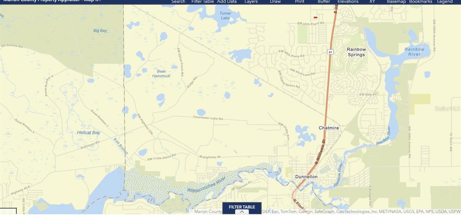 Home's (THE RED LINE LEFT OF HWY41 ON MAP) Proximity to the twin rivers of Dunnellon & Lake Rosseaux left of Withlacoochee River - 7910 SW 202ND CT, DUNNELLON
